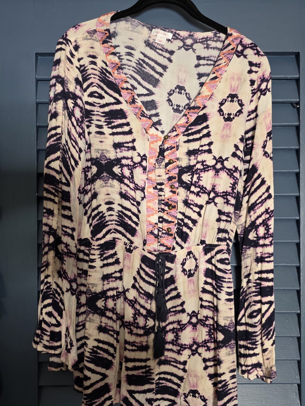 Xhilaration Boho Long Sleeve Tie Dye Romper with Embroidery – Size L